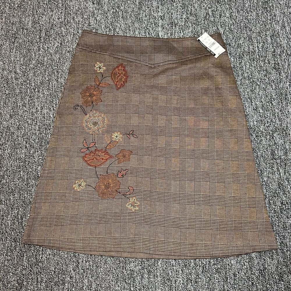 New York & Company Plaid Skirt Medium Brown Floral Beaded Embroidered